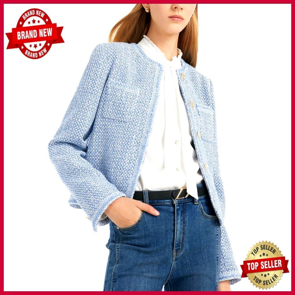 Cropped Tweed Blazer Long Sleeve Notch Collar Office Casual Jacket
